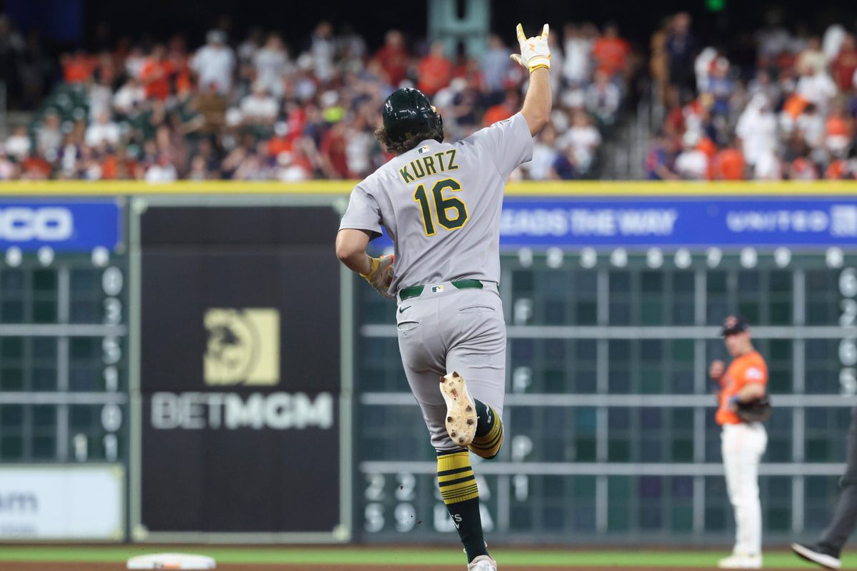 Jul 25, 2025; Houston, Texas, USA; Athletics designated hitter Nick Kurtz (16) celebrates after hitting a home run during the sixth inning against the Houston Astros at Daikin Park. Mandatory Credit: Troy Taormina-Imagn Images
