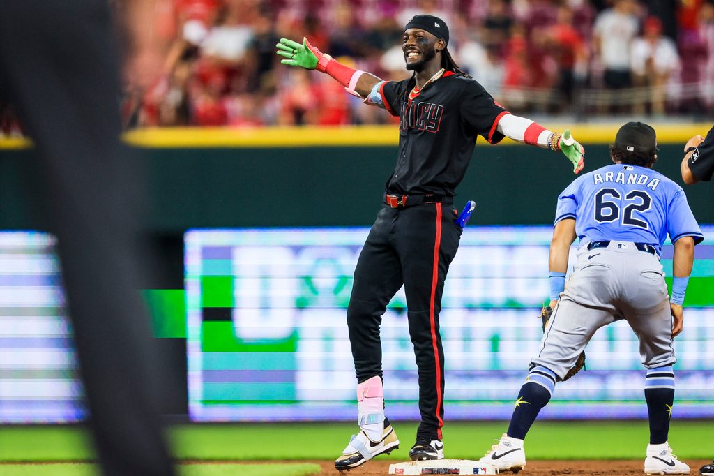 Jul 25, 2025; Cincinnati, Ohio, USA; Cincinnati Reds shortstop Elly De La Cruz (44) reacts after hitting a double in the eighth inning against the Tampa Bay Rays at Great American Ball Park. Mandatory Credit: Katie Stratman-Imagn Images