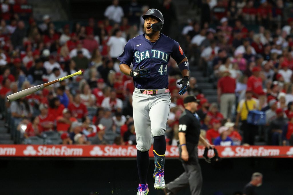 Jul 25, 2025; Anaheim, California, USA; Seattle Mariners center fielder Julio Rodriguez (44) celebrates after hitting a home run during the sixth inning against the Los Angeles Angels at Angel Stadium. Mandatory Credit: Kiyoshi Mio-Imagn Images
