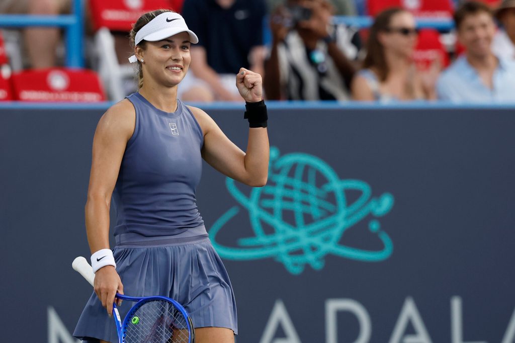 Jul 26, 2025; Washington, D.C., USA; Anna Kalinskaya celebrates after match point against Emma Raducanu (GBR)(not pictured) in a women's singles semi-final on day six of the Mubadala Citi DC Open at Rock Creek Park Tennis Center. Mandatory Credit: Geoff Burke-Imagn Images