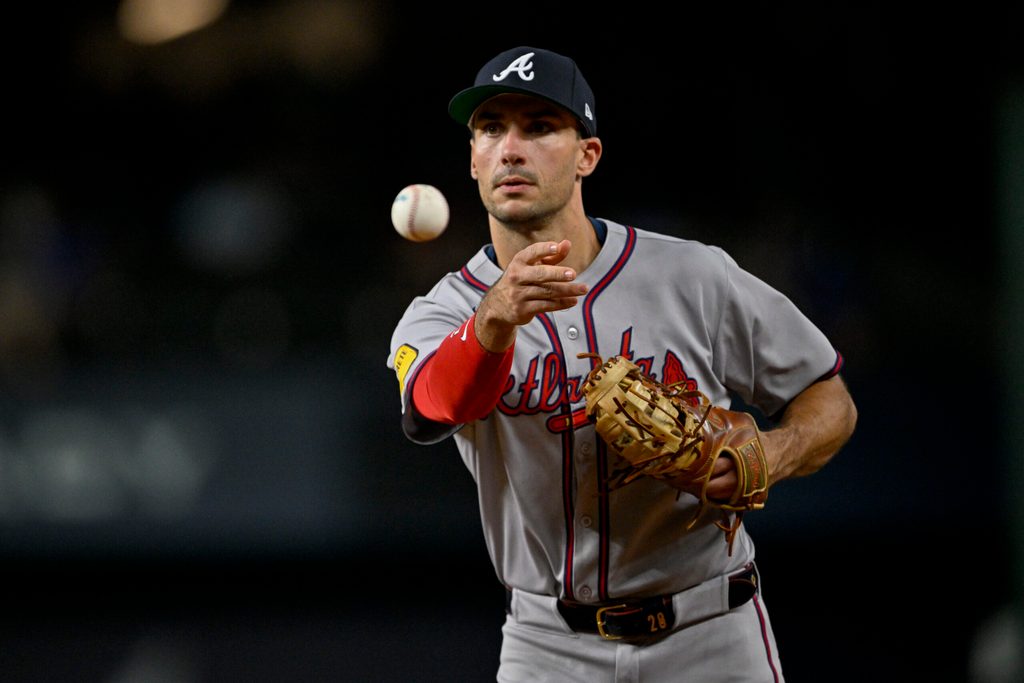 Jul 25, 2025; Arlington, Texas, USA; Atlanta Braves first baseman Matt Olson (28) in action during the game between the Texas Rangers and the Atlanta Braves at Globe Life Field. Mandatory Credit: Jerome Miron-Imagn Images