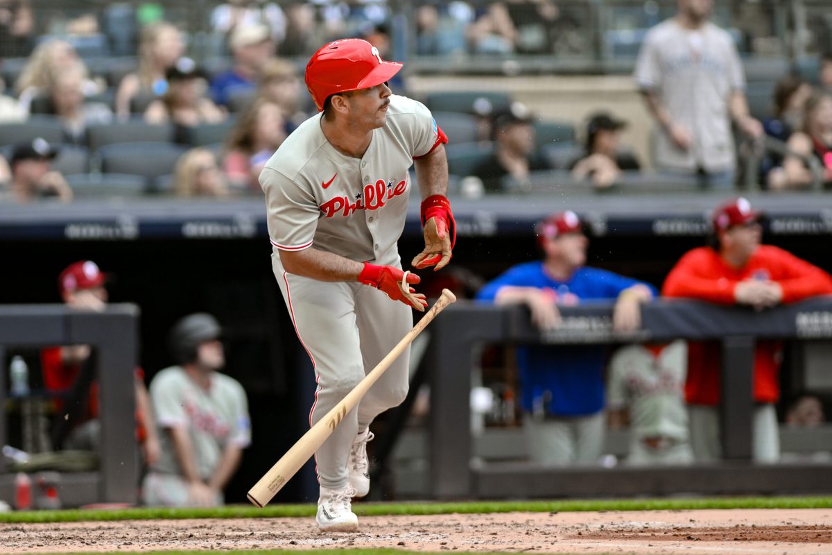 Jul 27, 2025; Bronx, New York, USA; Philadelphia Phillies first baseman Otto Kemp (4) hits his second home run of the game during the fifth inning against the New York Yankees at Yankee Stadium. Mandatory Credit: John Jones-Imagn Images