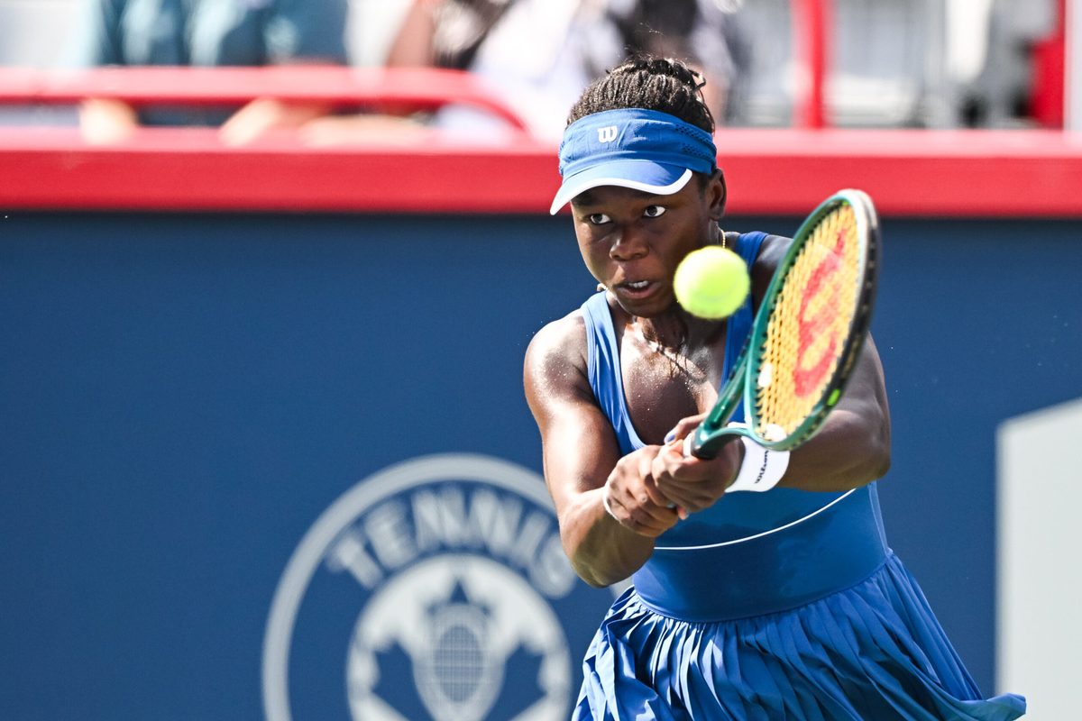 Jul 27, 2025; Montreal, QC, Canada; Victoria Mboko (CAN) returns the ball to Kimberly Birrell (AUS) (Not Pictured) in first round play at IGA Stadium. Mandatory Credit: David Kirouac-Imagn Images