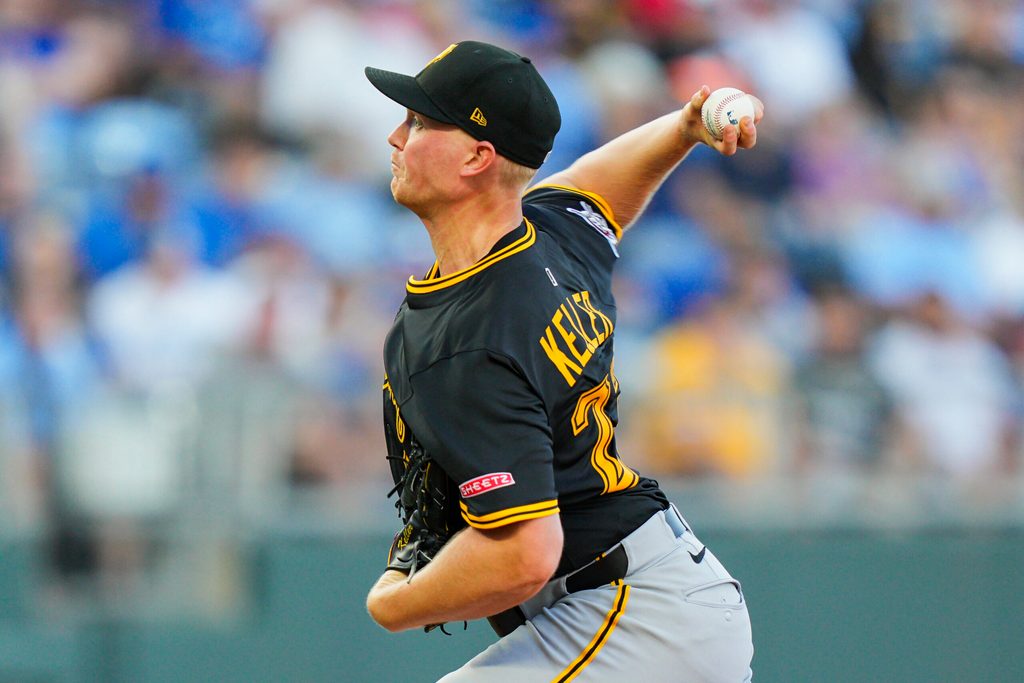 Jul 8, 2025; Kansas City, Missouri, USA; Pittsburgh Pirates starting pitcher Mitch Keller (23) pitches during the second inning against the Kansas City Royals at Kauffman Stadium. Mandatory Credit: Jay Biggerstaff-Imagn Images