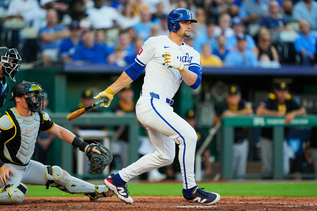 Jul 8, 2025; Kansas City, Missouri, USA; Kansas City Royals right fielder Jac Caglianone (14) bats during the fourth inning against the Pittsburgh Pirates at Kauffman Stadium. Mandatory Credit: Jay Biggerstaff-Imagn Images