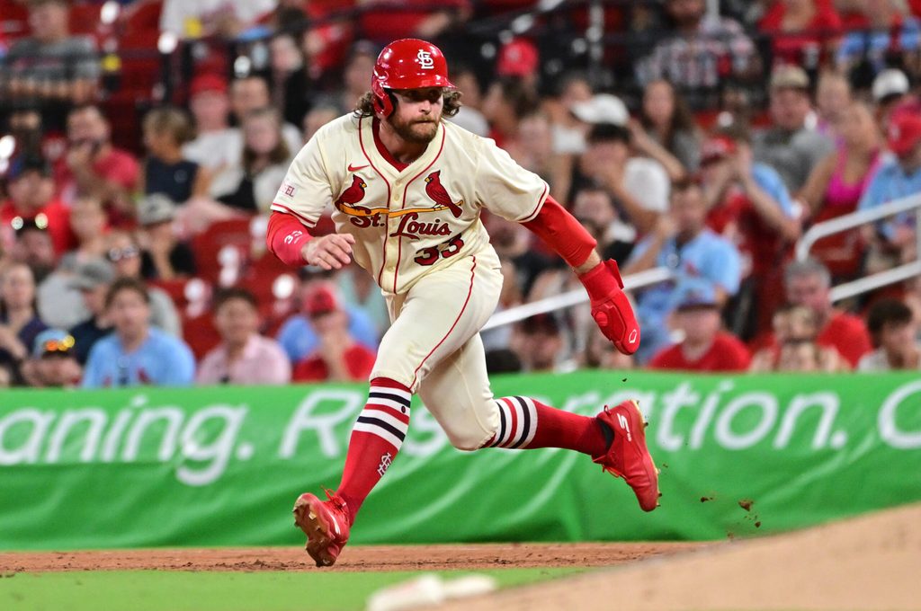 Jul 26, 2025; St. Louis, Missouri, USA; St. Louis Cardinals second baseman Brendan Donovan (33) takes a big leadoff from first base against the San Diego Padres at Busch Stadium. Mandatory Credit: Tim Vizer-Imagn Images