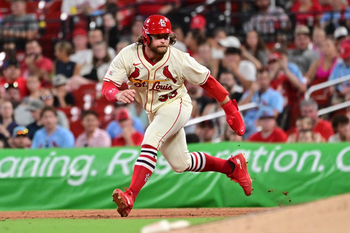 Jul 26, 2025; St. Louis, Missouri, USA; St. Louis Cardinals second baseman Brendan Donovan (33) takes a big leadoff from first base against the San Diego Padres at Busch Stadium. Mandatory Credit: Tim Vizer-Imagn Images