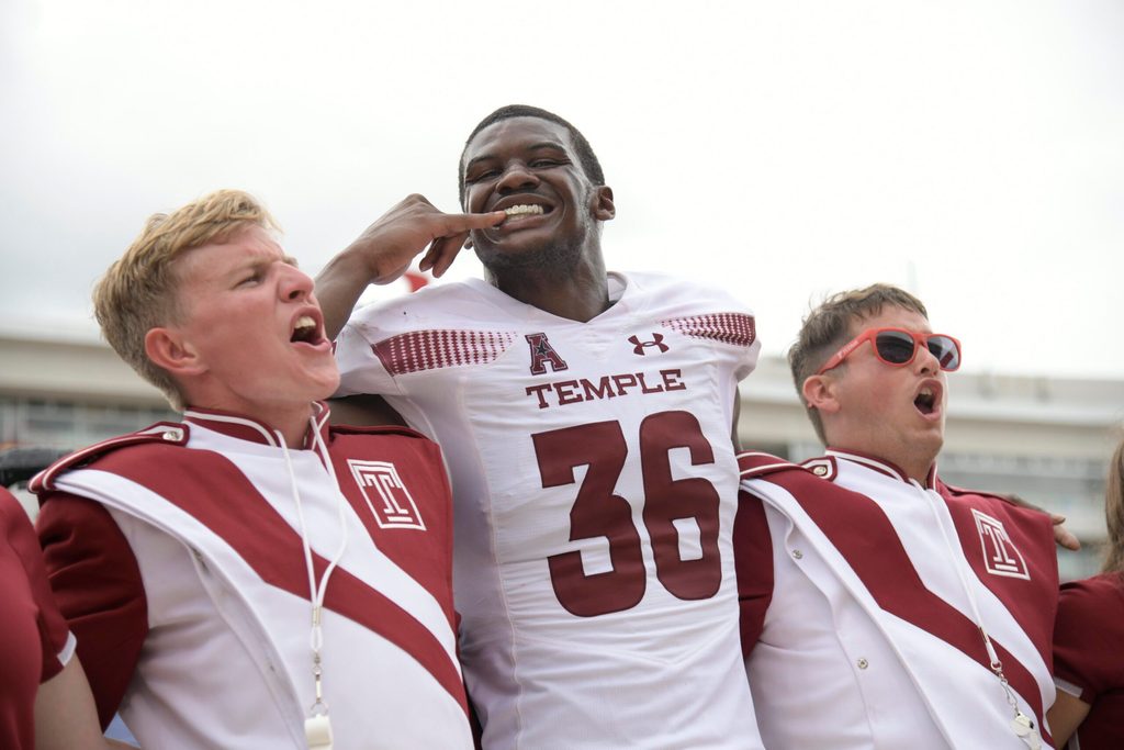 Sep 15, 2018; College Park, MD, USA; Temple Owls linebacker Sam Franklin (36) celebrates after the game against the Maryland Terrapins at Capital One Field at Maryland Stadium. Mandatory Credit: Art Pittman-Imagn Images