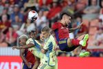 Jul 15, 2023; Sandy, Utah, USA; Real Salt Lake forward Chicho Arango jumper for a header against New York Red Bulls defender John Tolkin (47) and defender Andres Reyes (4) in the second half at America First Field. Mandatory Credit: Rob Gray-Imagn Images