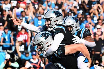Oct 29, 2023; Charlotte, North Carolina, USA; Carolina Panthers place kicker Eddy Pineiro (4) celebrating after the game winning field goal in the last seconds of the fourth quarter at Bank of America Stadium. Mandatory Credit: Bob Donnan-Imagn Images