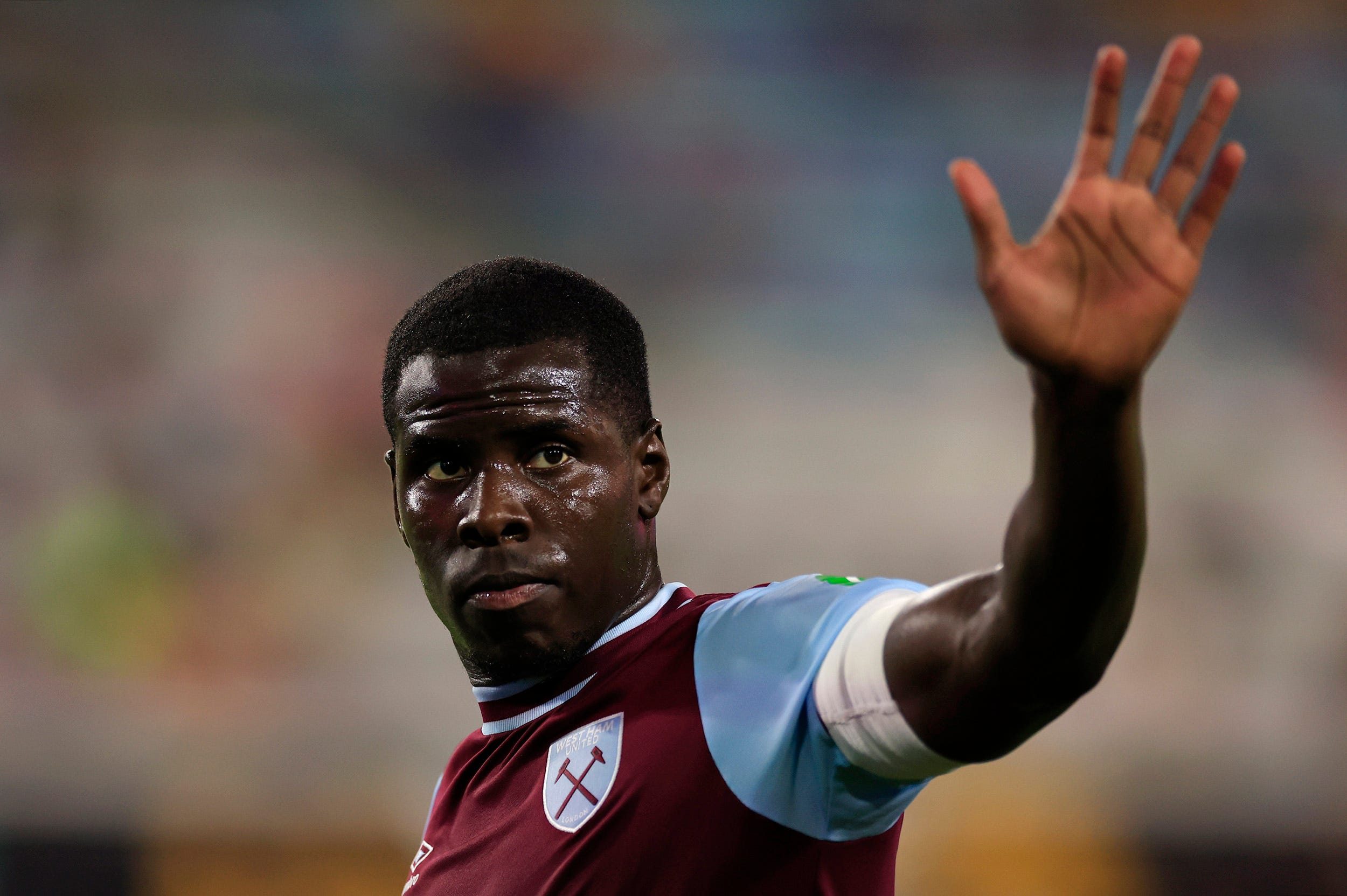 West Ham United defender Kurt Zouma (4) waves to fans during the second half of The Stateside Cup soccer tournament game Saturday, July 27, 2024 at EverBank Stadium in Jacksonville, Fla. The Wolverhampton Wanderers defeated West Ham United 3-1 in exhibition play.