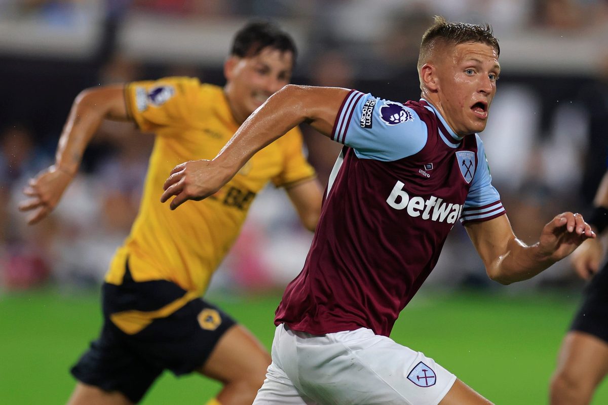 West Ham United forward Callum Marshall (50) runs during the second half of The Stateside Cup soccer tournament game Saturday, July 27, 2024 at EverBank Stadium in Jacksonville, Fla. The Wolverhampton Wanderers defeated West Ham United 3-1 in exhibition play.