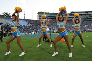 Sep 14, 2024; Pasadena, California, USA; UCLA Bruins cheerleaders perform during the game against the Indiana Hoosiers at Rose Bowl. Mandatory Credit: Kirby Lee-Imagn Images