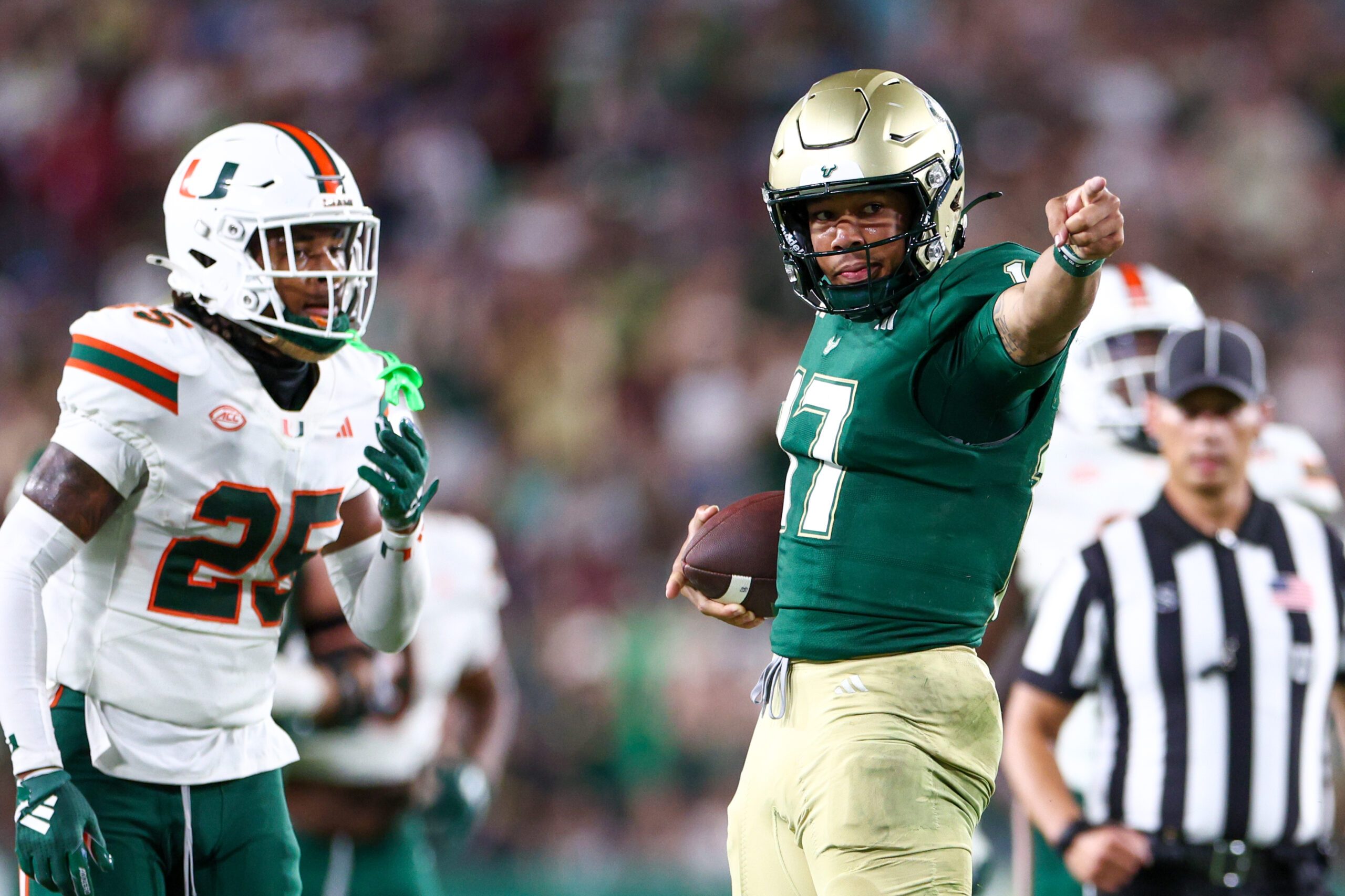 Sep 21, 2024; Tampa, Florida, USA; South Florida Bulls quarterback Byrum Brown (17) reacts after a play against the Miami Hurricanes in the third quarter  at Raymond James Stadium. Mandatory Credit: Nathan Ray Seebeck-Imagn Images