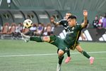 Oct 6, 2024; Portland, Oregon, USA; Portland Timbers forward Felipe Mora (9) kicks a shot on goal during the second half against FC Dallas at Providence Park. Mandatory Credit: Troy Wayrynen-Imagn Images