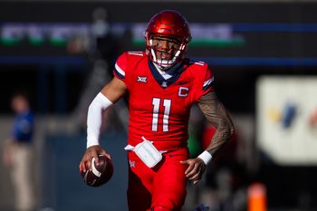 Nov 30, 2024; Tucson, Arizona, USA; Arizona Wildcats quarterback Noah Fifita (11) against the Arizona State Sun Devils during the Territorial Cup at Arizona Stadium. Mandatory Credit: Mark J. Rebilas-Imagn Images