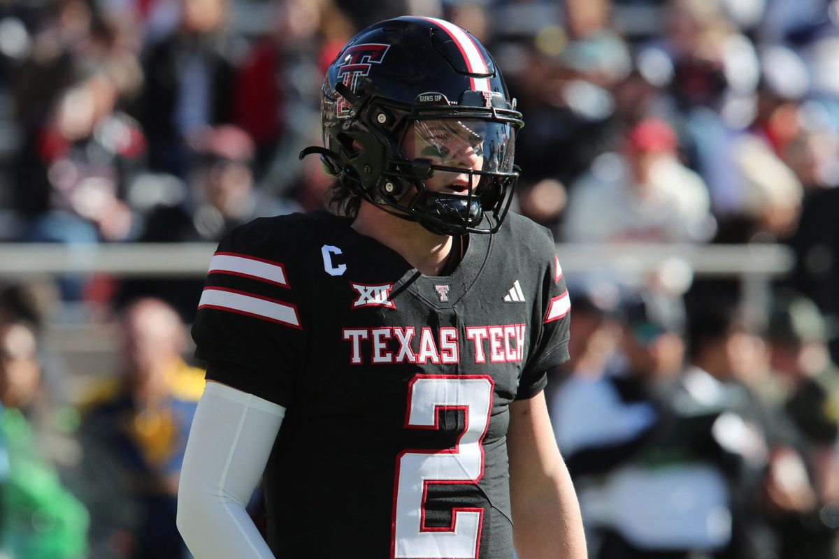 Nov 30, 2024; Lubbock, Texas, USA;  Texas Tech Red Raiders quarterback Behren Morton (2) in the first half during the game against the West Virginia Mountaineers at Jones AT&T Stadium and Cody Campbell Field. Mandatory Credit: Michael C. Johnson-Imagn Images