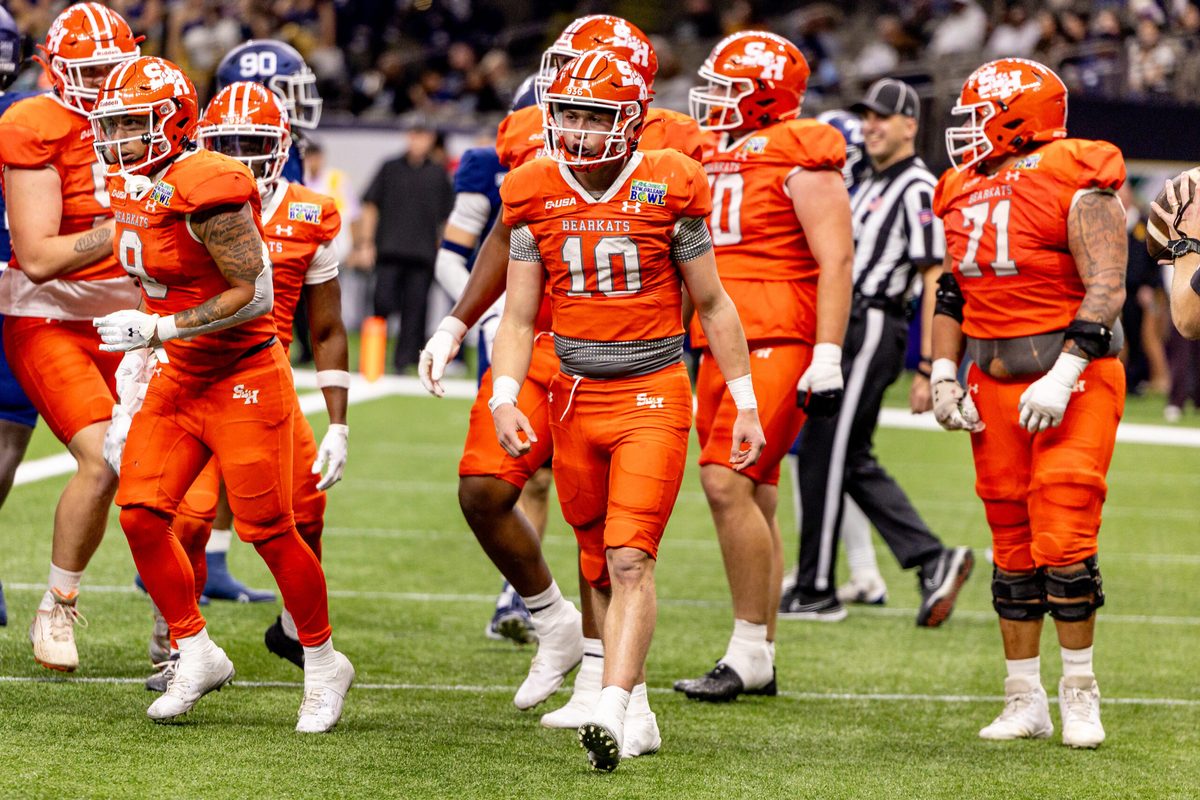 Dec 19, 2024; New Orleans, LA, USA; Sam Houston State Bearkats quarterback Hunter Watson (10) reacts to scoring a touchdown against the Georgia Southern Eagles during the first half at Caesars Superdome. Mandatory Credit: Stephen Lew-Imagn Images