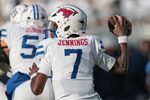 Dec 21, 2024; University Park, Pennsylvania, USA; Southern Methodist Mustangs quarterback Kevin Jennings (7) throws the ball during the second half against the Penn State Nittany Lions at Beaver Stadium. Mandatory Credit: Vincent Carchietta-Imagn Images