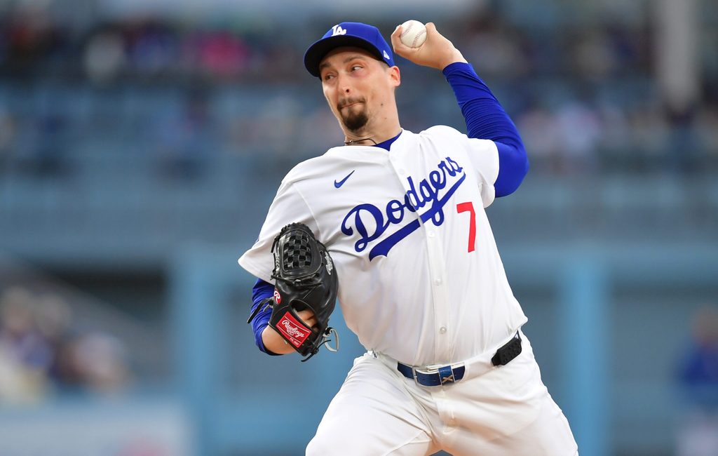 Apr 2, 2025; Los Angeles, California, USA; Los Angeles Dodgers pitcher Blake Snell (7) throws during the third inning against the Atlanta Braves at Dodger Stadium. Mandatory Credit: Gary A. Vasquez-Imagn Images