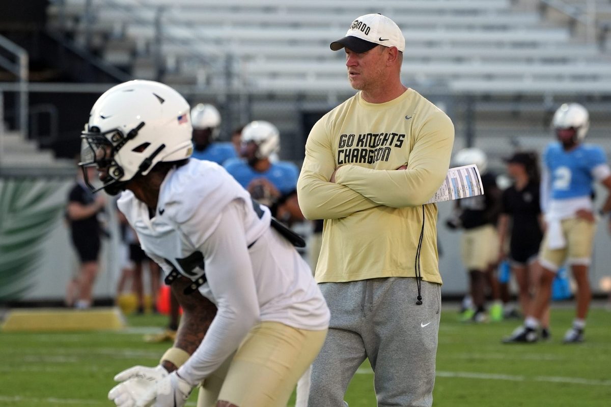 UCF Head Football Coach Scott Frost during UCF Spring football practice at FBC Mortgage Stadium in Orlando, Friday, April 11, 2025.