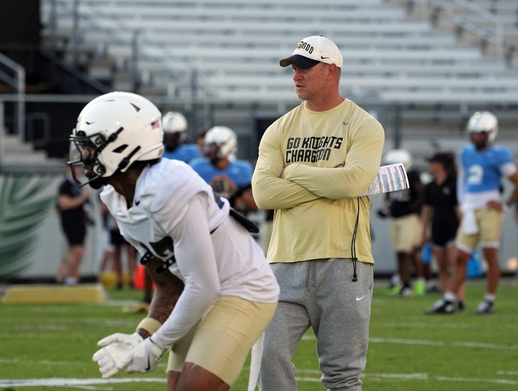 UCF Head Football Coach Scott Frost during UCF Spring football practice at FBC Mortgage Stadium in Orlando, Friday, April 11, 2025.