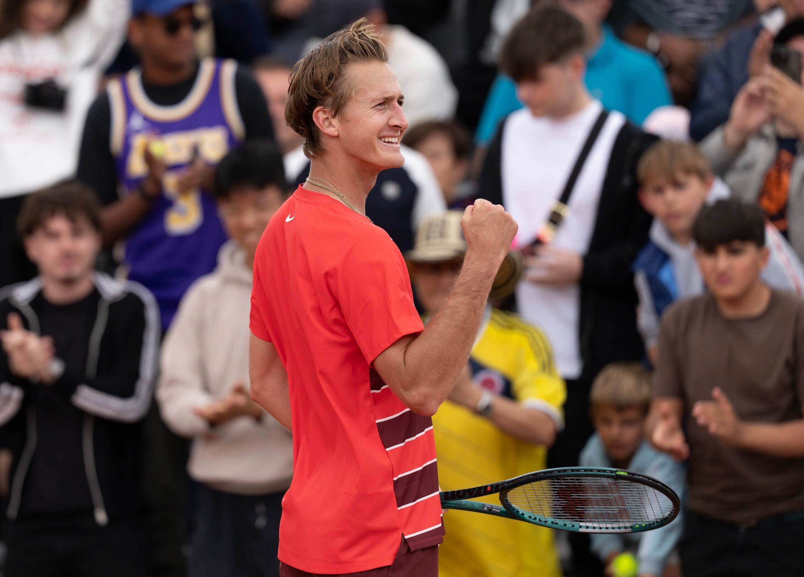 May 26, 2025; Paris, FR; Sebastian Korda of the United States celebrates winning his match against Luciano Darderi of Italy on day two at Roland Garros Stadium. Mandatory Credit: Susan Mullane-Imagn Images
