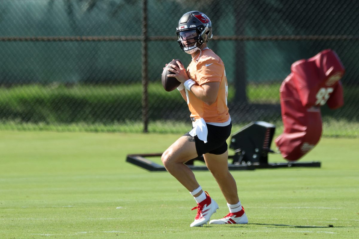Jun 11, 2025; Tampa, FL, USA; Tampa Bay Buccaneers quarterback Baker Mayfield (6) works out at One Buc Place. Mandatory Credit: Kim Klement Neitzel-Imagn Images