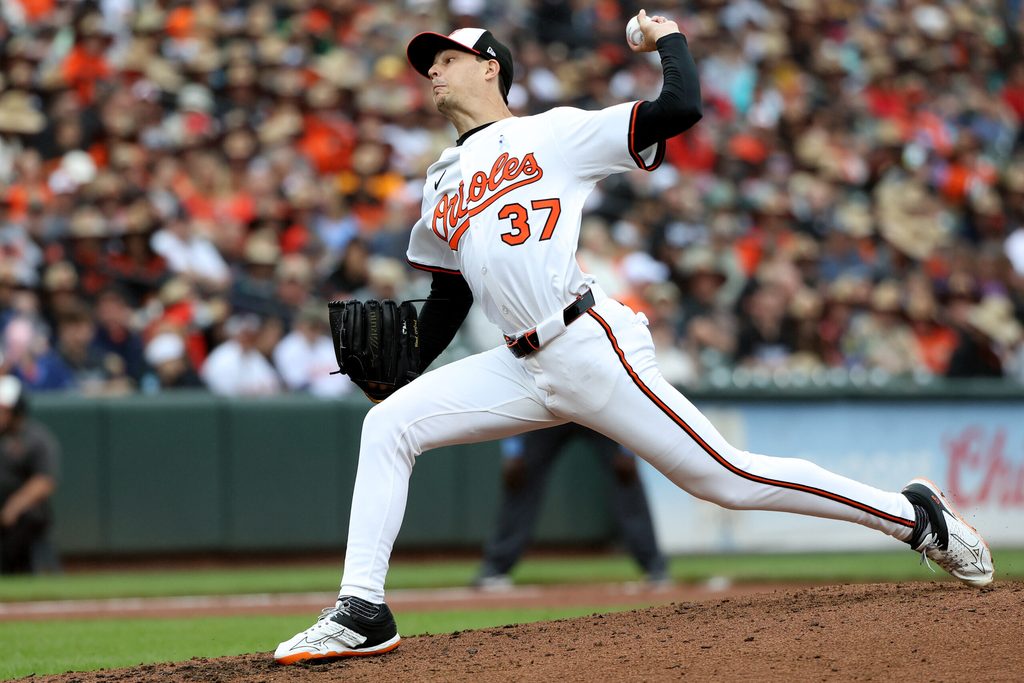 Jun 15, 2025; Baltimore, Maryland, USA; Baltimore Orioles pitcher Cade Povich (37) throws during the third inning against the Los Angeles Angels at Oriole Park at Camden Yards. Mandatory Credit: Daniel Kucin Jr.-Imagn Images