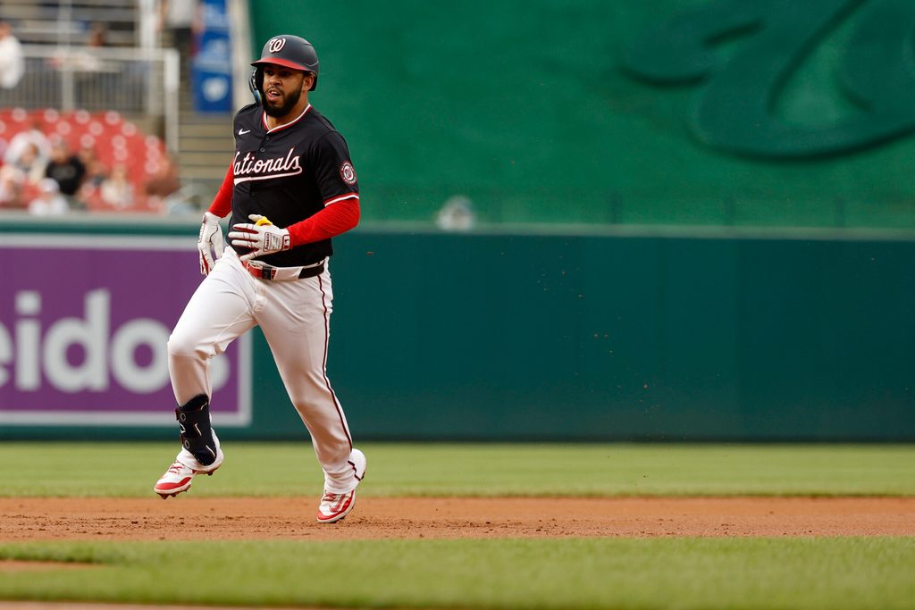 Jun 17, 2025; Washington, District of Columbia, USA; Washington Nationals second baseman Luis García Jr. (2) advances to third base on a fielding error by Colorado Rockies outfielder Brenton Doyle (not pictured) during the first inning at Nationals Park. Mandatory Credit: Geoff Burke-Imagn Images