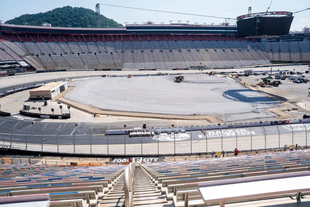 Construction of the baseball field in progress during a media event at Bristol Motor Speedway on June 24, 2025, ahead of the MLB Speedway Classic game between the Atlanta Braves and the Cincinnati Reds held at the racetrack.