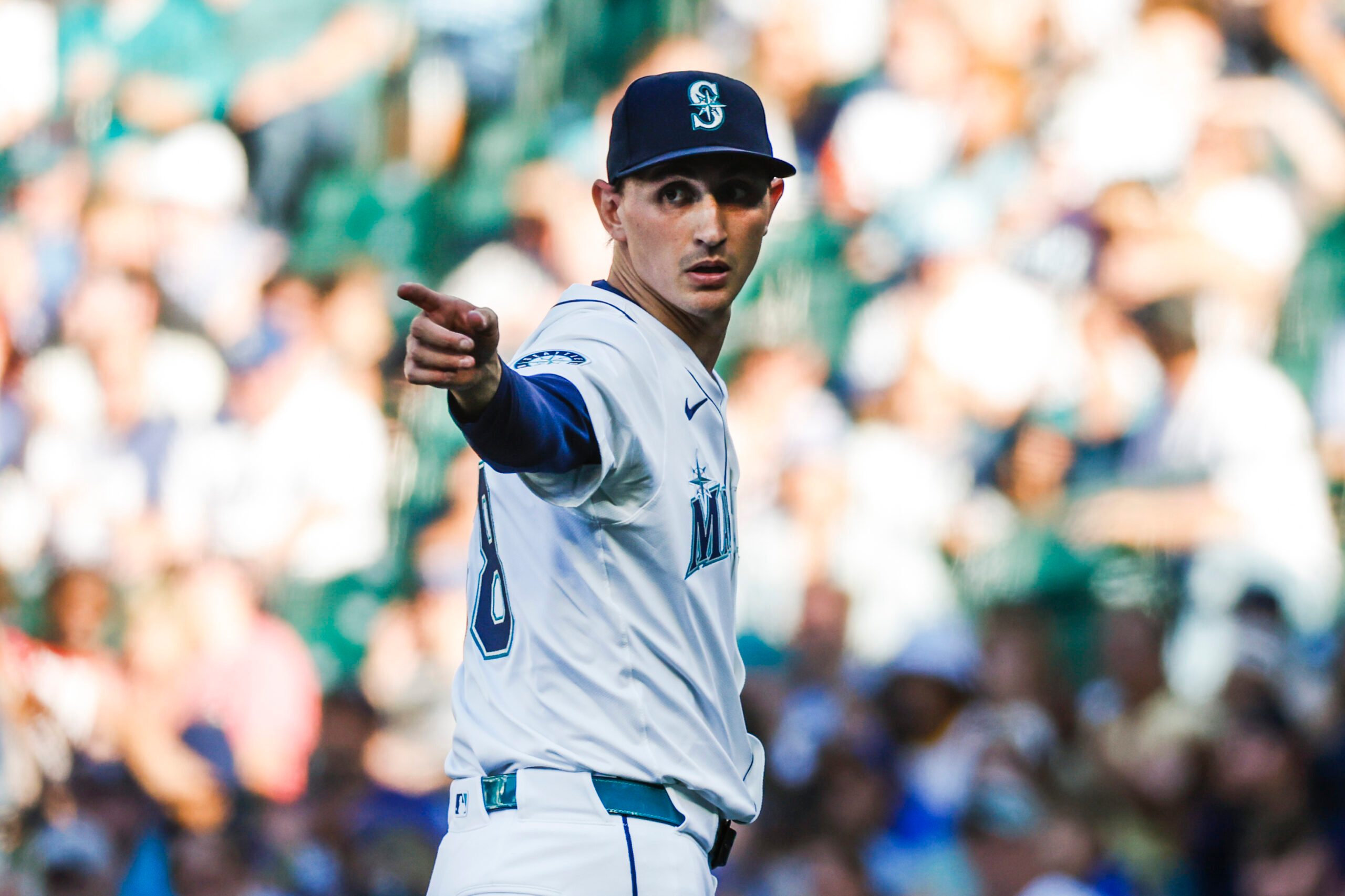 Jun 30, 2025; Seattle, Washington, USA; Seattle Mariners starting pitcher George Kirby (68) reacts following an out against the Kansas City Royals to end the top of the first inning at T-Mobile Park. Mandatory Credit: Joe Nicholson-Imagn Images