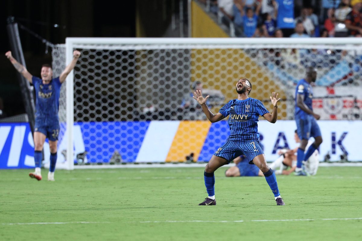Jun 30, 2025; Orlando, Florida, USA; Al Hilal FC midfielder Khalid Al-Ghannam (7) reacts after defeating Manchester City during a round of 16 match of the 2025 FIFA Club World Cup at Camping World Stadium. Mandatory Credit: Nathan Ray Seebeck-Imagn Images