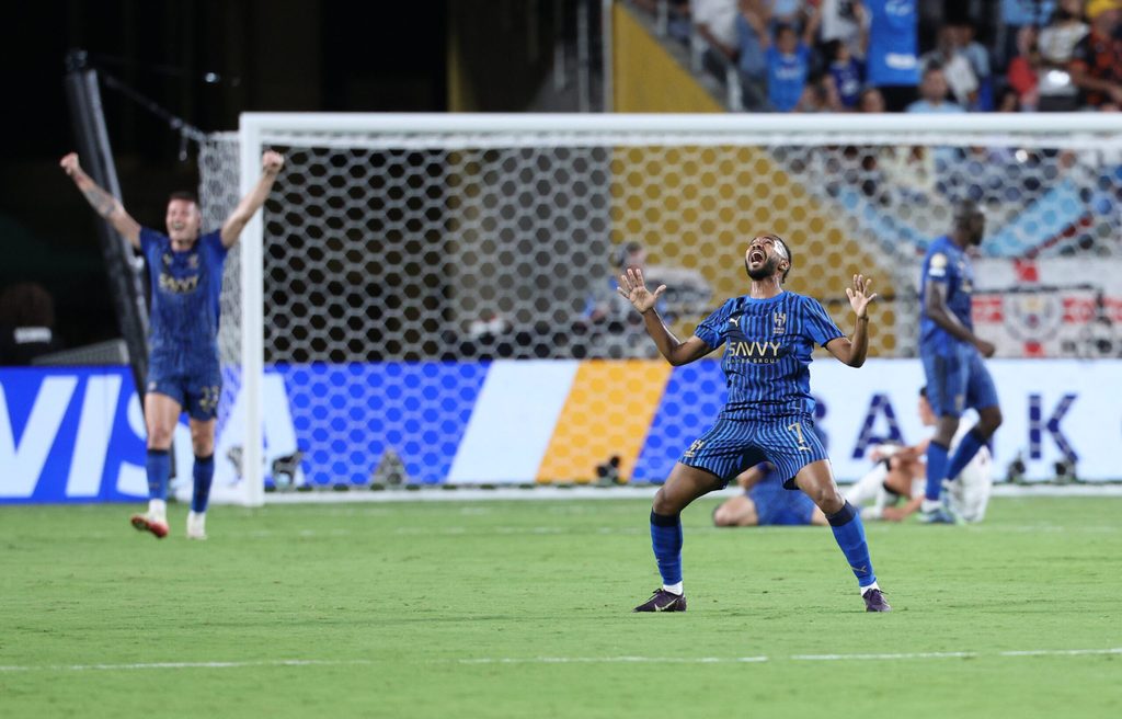 Jun 30, 2025; Orlando, Florida, USA; Al Hilal FC midfielder Khalid Al-Ghannam (7) reacts after defeating Manchester City during a round of 16 match of the 2025 FIFA Club World Cup at Camping World Stadium. Mandatory Credit: Nathan Ray Seebeck-Imagn Images
