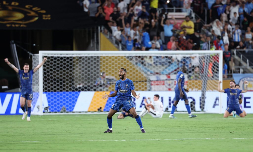 Jun 30, 2025; Orlando, Florida, USA; Al Hilal FC midfielder Khalid Al-Ghannam (7) reacts after defeating Manchester City during a round of 16 match of the 2025 FIFA Club World Cup at Camping World Stadium. Mandatory Credit: Nathan Ray Seebeck-Imagn Images