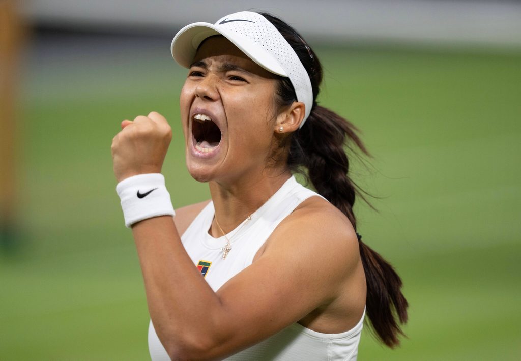 Jul 4, 2025; Wimbledon, United Kingdom; Emma Raducanu of Great Britain reacts to a point during her match against Aryna Sabalenka on day five at the All England Lawn Tennis and Croquet Club. Mandatory Credit: Susan Mullane-Imagn Images