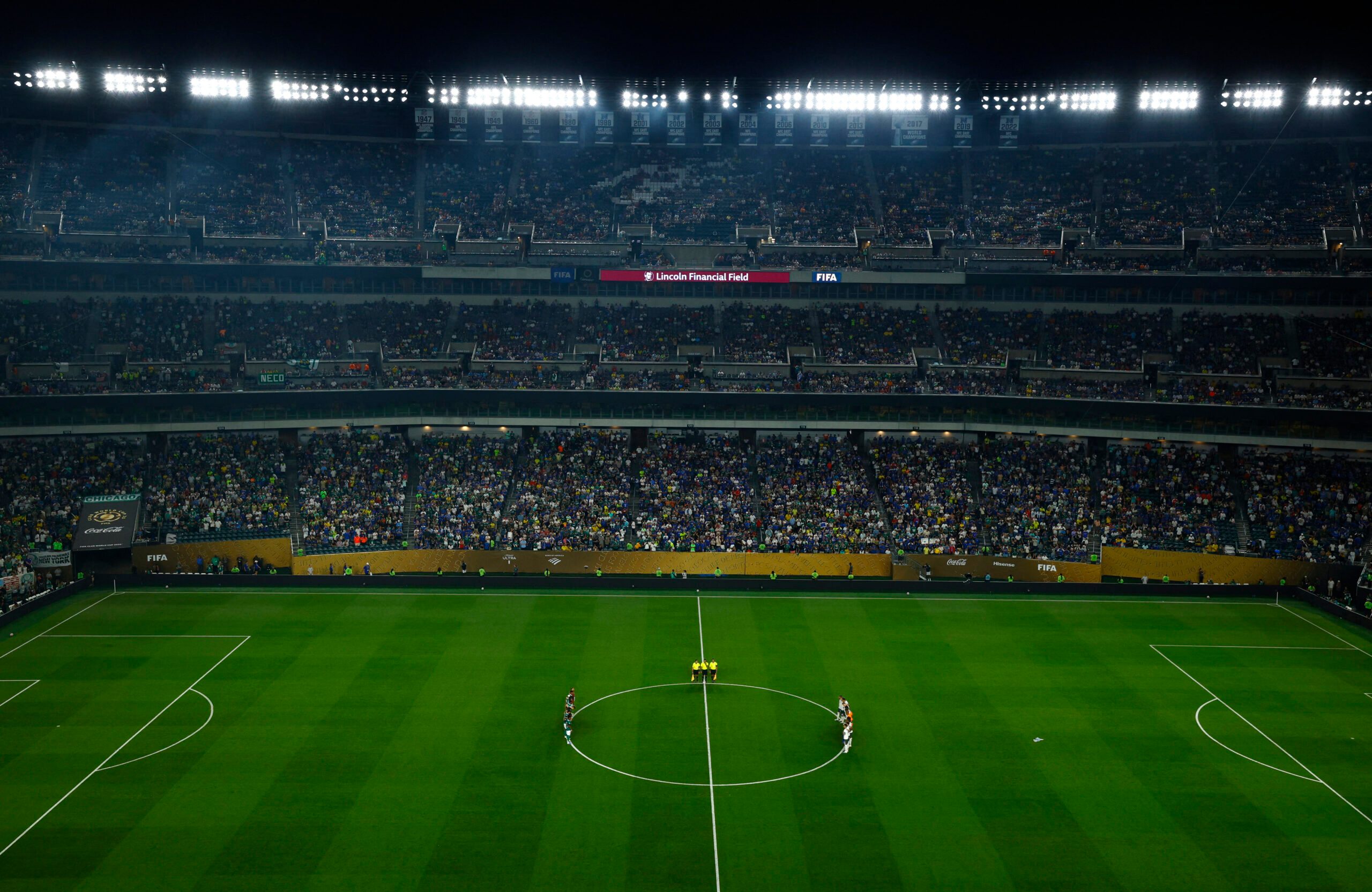 [Subscription Customers Only] Jul 4, 2025; Philadelphia, Pennsylvania, USA; General view during a minutes silence in tribute to Liverpool forward Diogo Jota and his brother Andre Silva before a quarterfinal match of the 2025 FIFA Club World Cup at Lincoln Financial Field. Mandatory Credit: Susana Vera-Reuters via Imagn Images