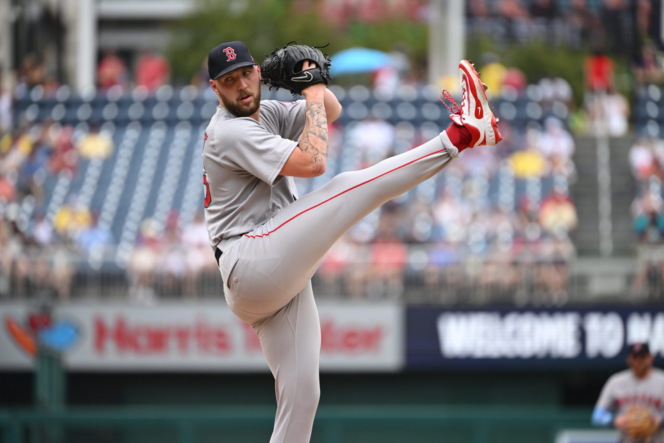 Jul 6, 2025; Washington, District of Columbia, USA; Boston Red Sox starting pitcher Garrett Crochet (35) throws a pitch against the Washington Nationals during the first inning at Nationals Park. Mandatory Credit: Rafael Suanes-Imagn Images