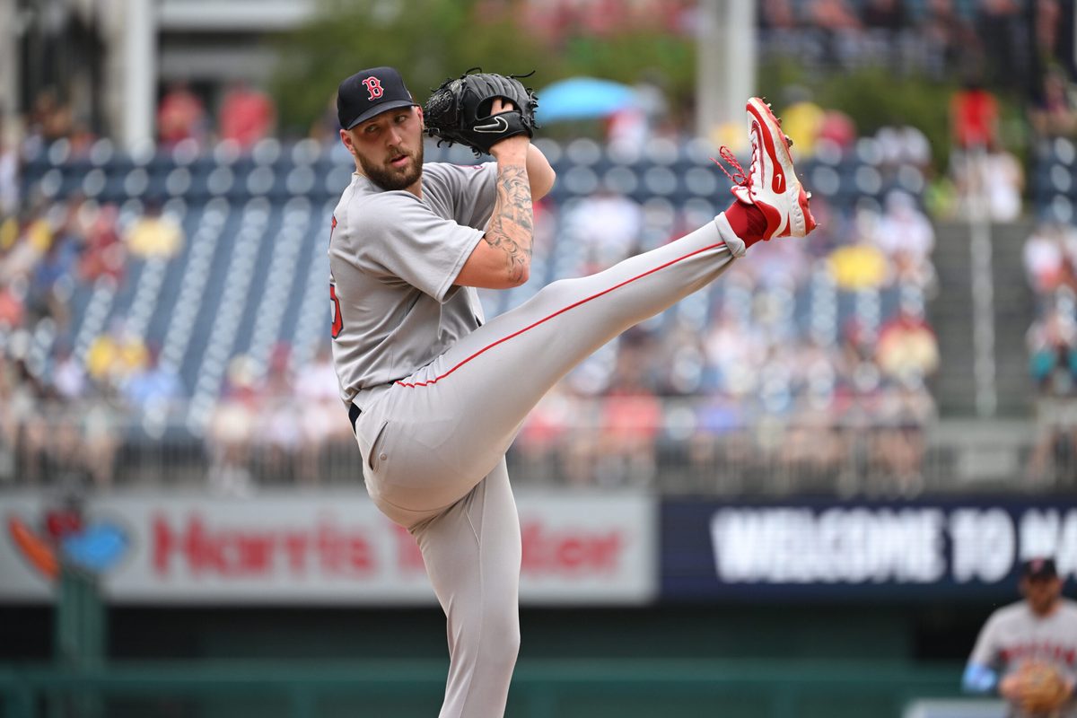 Jul 6, 2025; Washington, District of Columbia, USA; Boston Red Sox starting pitcher Garrett Crochet (35) throws a pitch against the Washington Nationals during the first inning at Nationals Park. Mandatory Credit: Rafael Suanes-Imagn Images