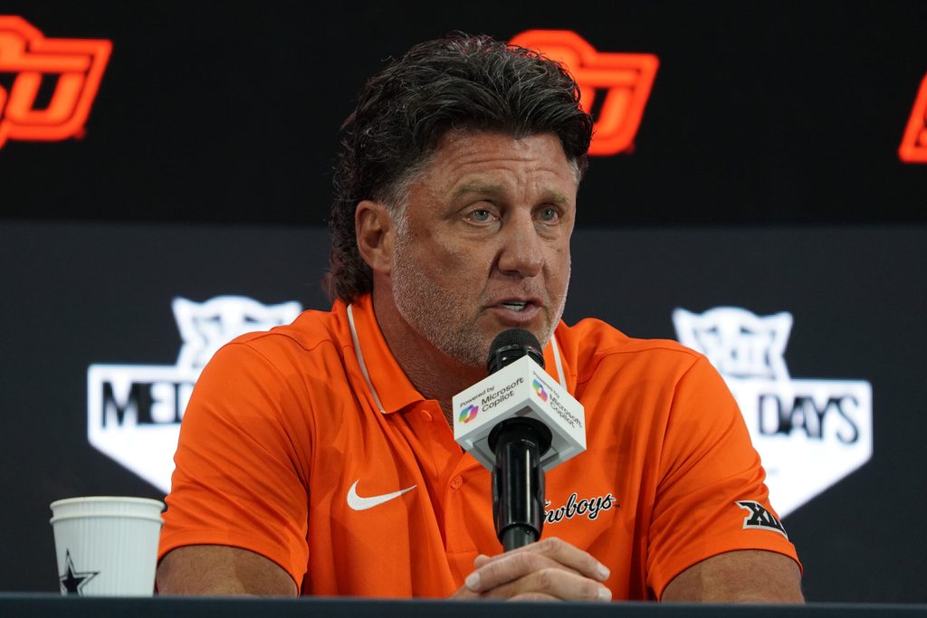 Jul 9, 2025; Frisco, TX, USA; Oklahoma State head coach Mike Gundy speaks with the media during 2025 Big 12 Football Media Days at The Star. Mandatory Credit: Raymond Carlin III-Imagn Images