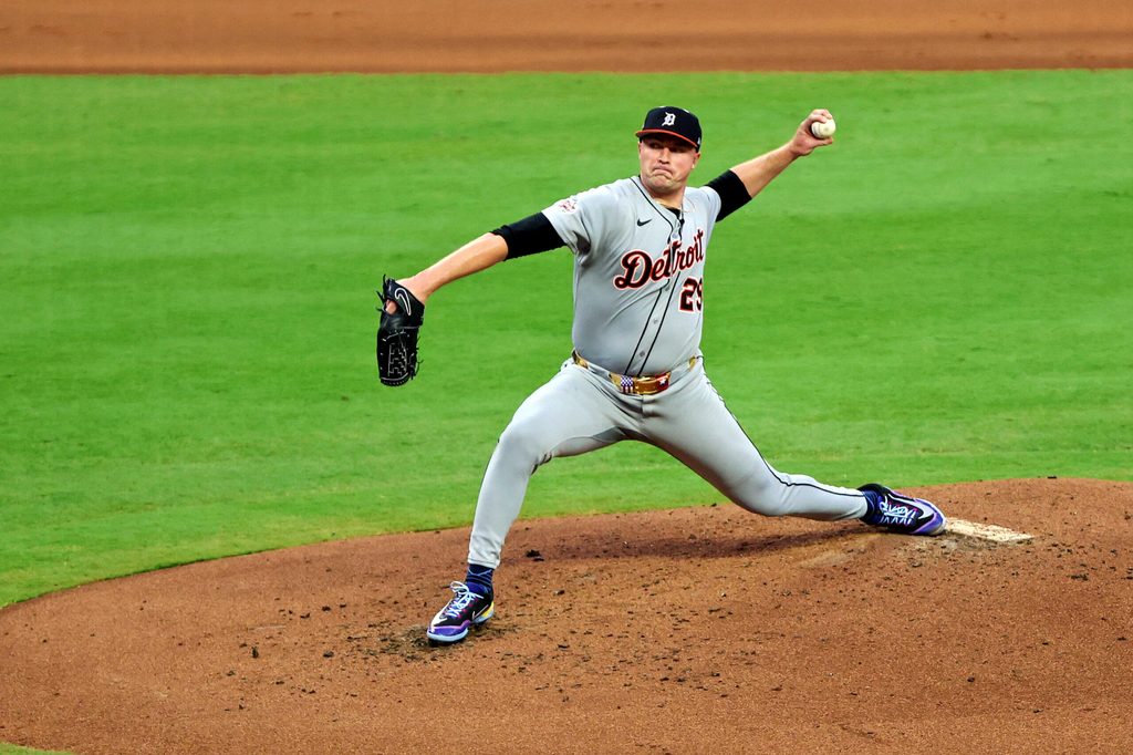 Jul 15, 2025; Cumberland, Georgia, USA; American League pitcher Tarik Skubal (29) of the Detroit Tigers pitches during the first inning during the 2025 MLB All Star Game at Truist Park. Mandatory Credit: Jordan Godfree-Imagn Images