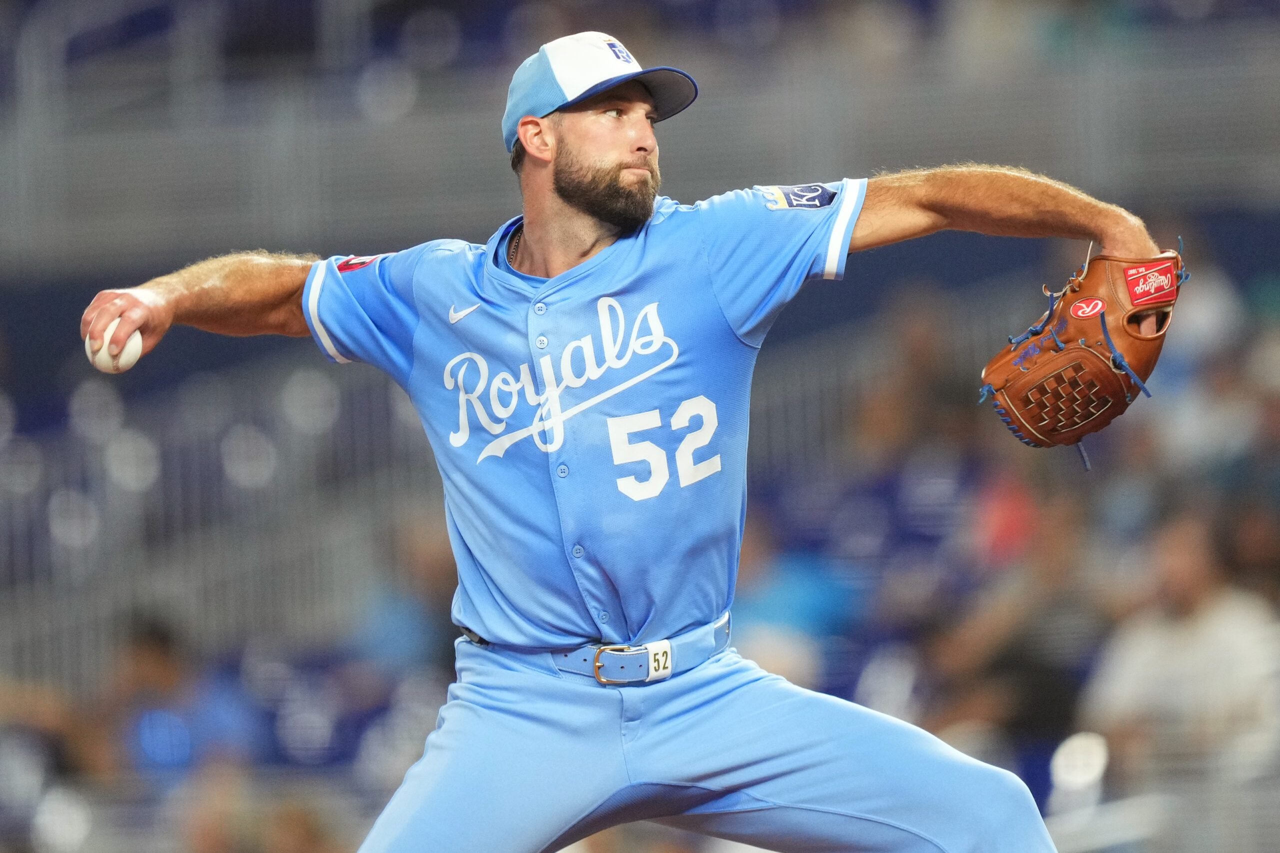 Jul 19, 2025; Miami, Florida, USA; Kansas City Royals pitcher Michael Wacha (52) pitches against the Miami Marlins in the first inning at loanDepot Park. Mandatory Credit: Jim Rassol-Imagn Images