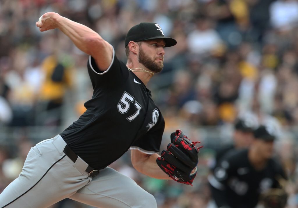 Jul 19, 2025; Pittsburgh, Pennsylvania, USA; Chicago White Sox starting pitcher Adrian Houser (57) delivers a pitch against the Pittsburgh Pirates during the first inning at PNC Park. Mandatory Credit: Charles LeClaire-Imagn Images