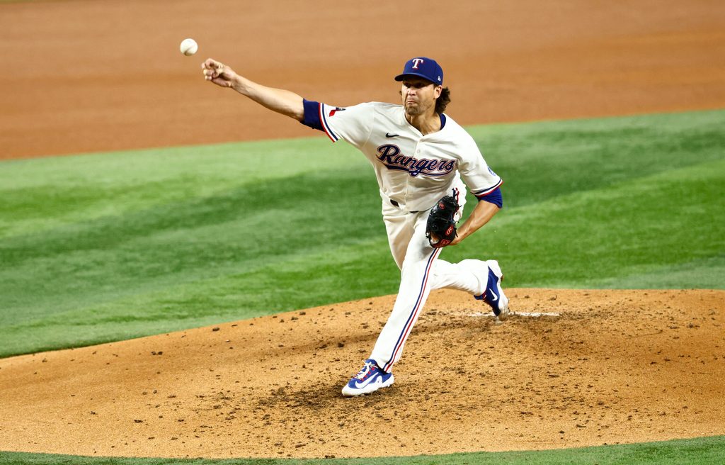 Jul 22, 2025; Arlington, Texas, USA; Texas Rangers starting pitcher Jacob deGrom (48) throws during the fourth inning against the Athletics at Globe Life Field. Mandatory Credit: Kevin Jairaj-Imagn Images