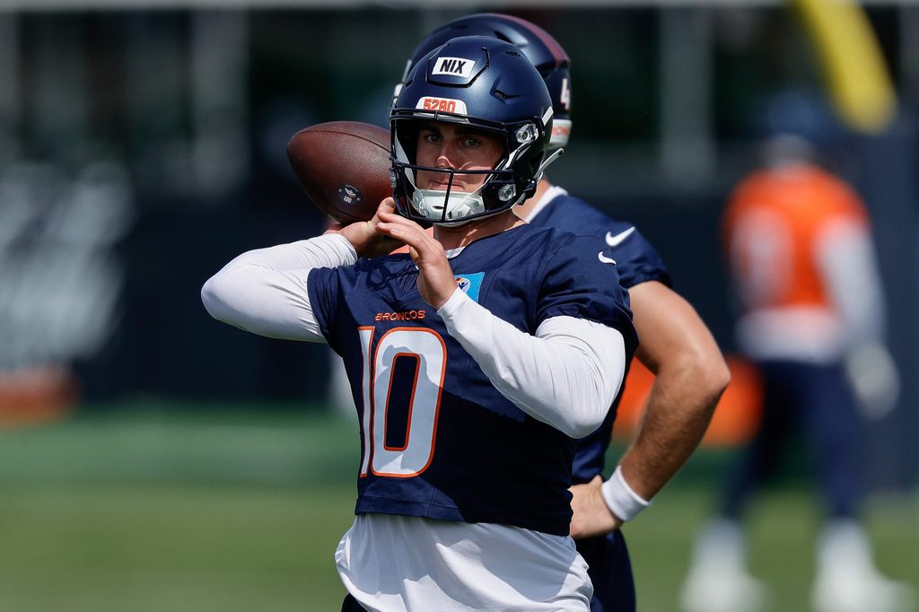 Jul 24, 2025; Englewood, CO, USA; Denver Broncos quarterback Bo Nix (10) during Denver Broncos Training Camp. Mandatory Credit: Isaiah J. Downing-Imagn Images
