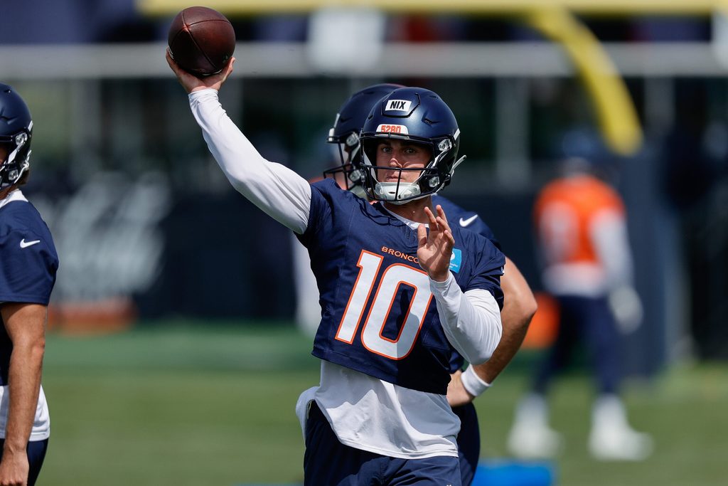 Jul 24, 2025; Englewood, CO, USA; Denver Broncos quarterback Bo Nix (10) during Denver Broncos Training Camp. Mandatory Credit: Isaiah J. Downing-Imagn Images