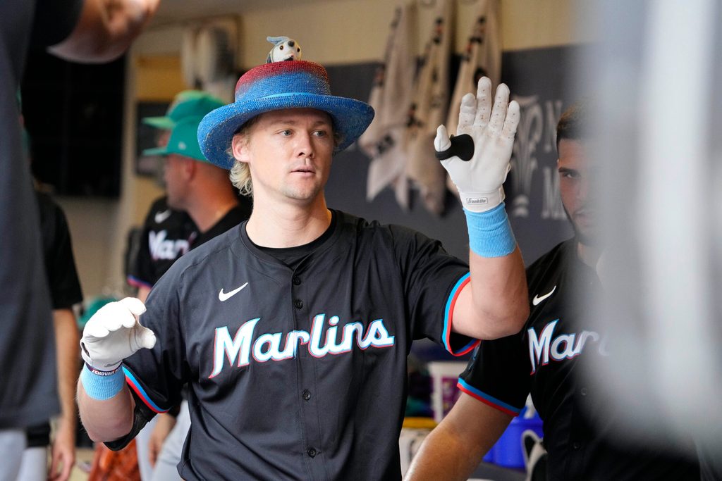 Jul 25, 2025; Milwaukee, Wisconsin, USA; Miami Marlins outfielder Kyle Stowers (28) celebrates after hitting a home run against the Milwaukee Brewers in the third inning at American Family Field. Mandatory Credit: Michael McLoone-Imagn Images
