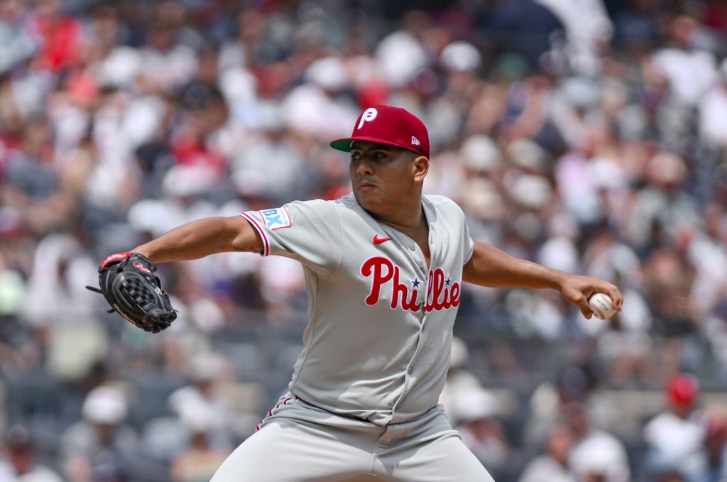 Jul 26, 2025; Bronx, New York, USA; Philadelphia Phillies pitcher Ranger Suarez (55) pitches against the New York Yankees during the first inning at Yankee Stadium. Mandatory Credit: John Jones-Imagn Images