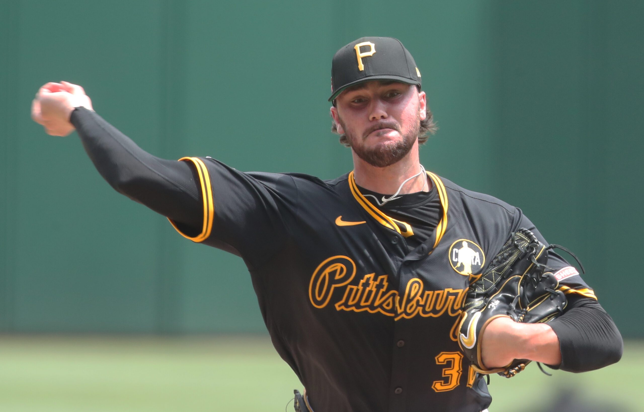 Jul 27, 2025; Pittsburgh, Pennsylvania, USA;  Pittsburgh Pirates starting pitcher Paul Skenes (30) pitches against the Arizona Diamondbacks during the third inning at PNC Park. Mandatory Credit: Charles LeClaire-Imagn Images