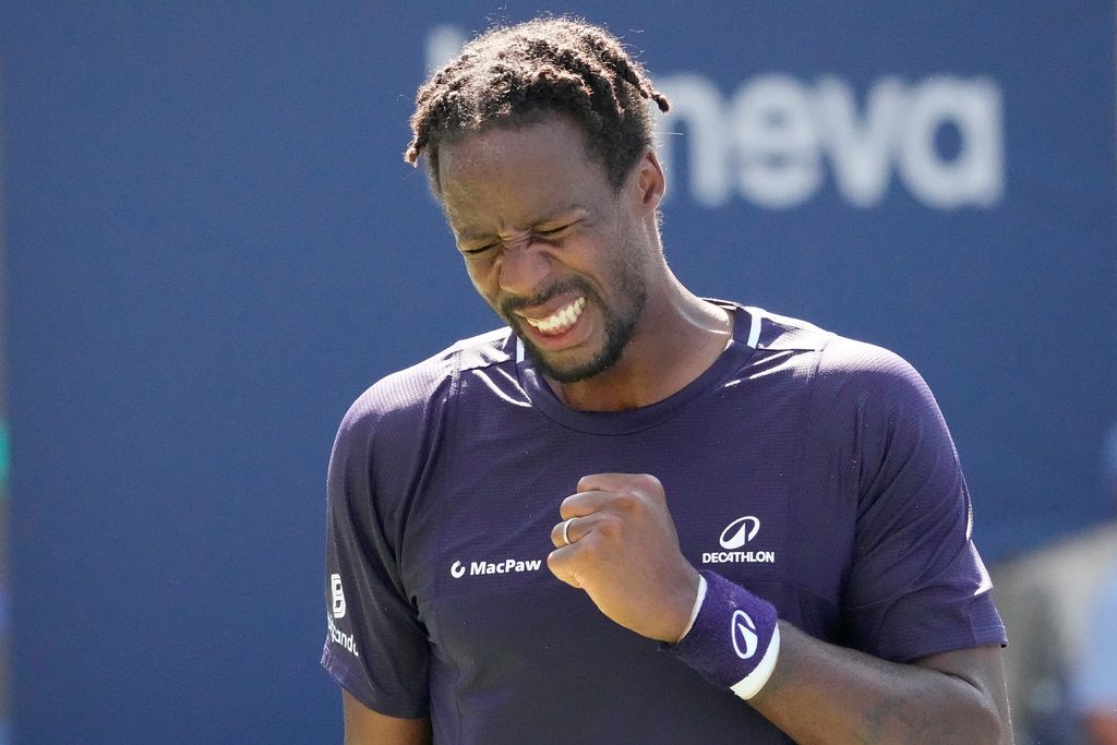 Jul 27, 2025; Toronto, ON, Canada; Gael Monfils (FRA) reacts after winning a point against Tomas Barrios Vera (not pictured) in first round play at Sobeys Stadium. Mandatory Credit: John E. Sokolowski-Imagn Images